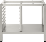 A stainless steel Deluxe Stand kitchen rack with a flat base shelf, vertical center divider, and horizontal slots for pan supports. This sturdy rectangular unit is ideal for commercial or home kitchens and compatible with standard TCM units.