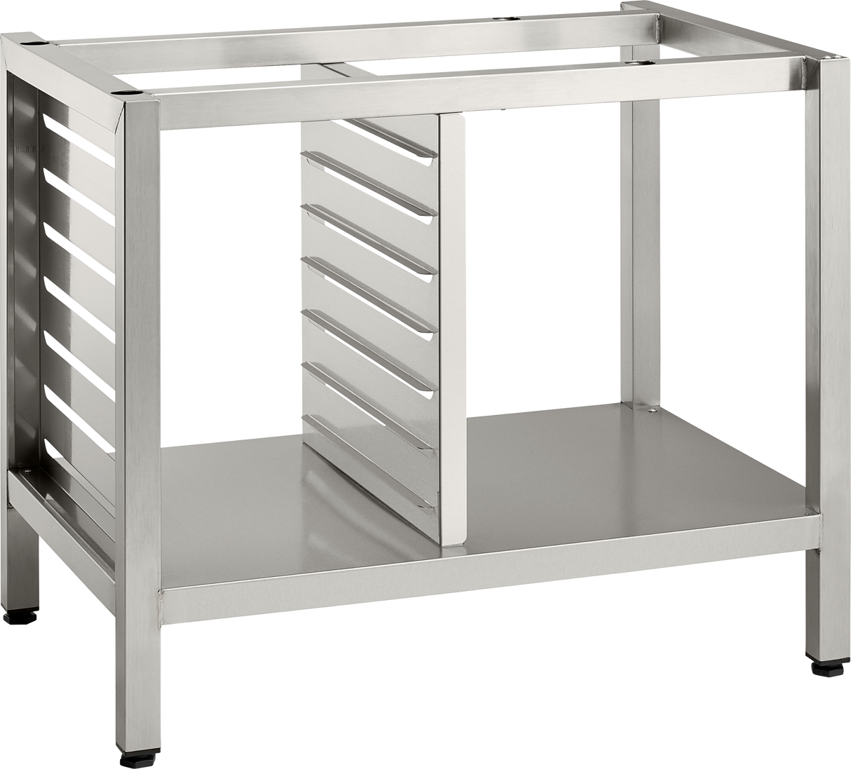 Stainless steel Deluxe Stand open-frame kitchen rack with a rectangular shape, featuring multiple horizontal slots on one side for tray or pan supports, a flat bottom shelf, and sturdy square legs with black feet. The top and front are open, showing the interior structure.