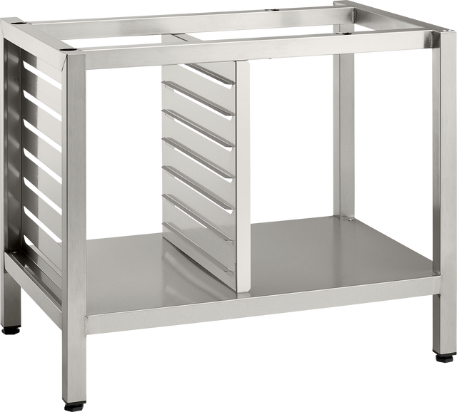 Stainless steel Deluxe Stand open-frame kitchen rack with a rectangular shape, featuring multiple horizontal slots on one side for tray or pan supports, a flat bottom shelf, and sturdy square legs with black feet. The top and front are open, showing the interior structure.