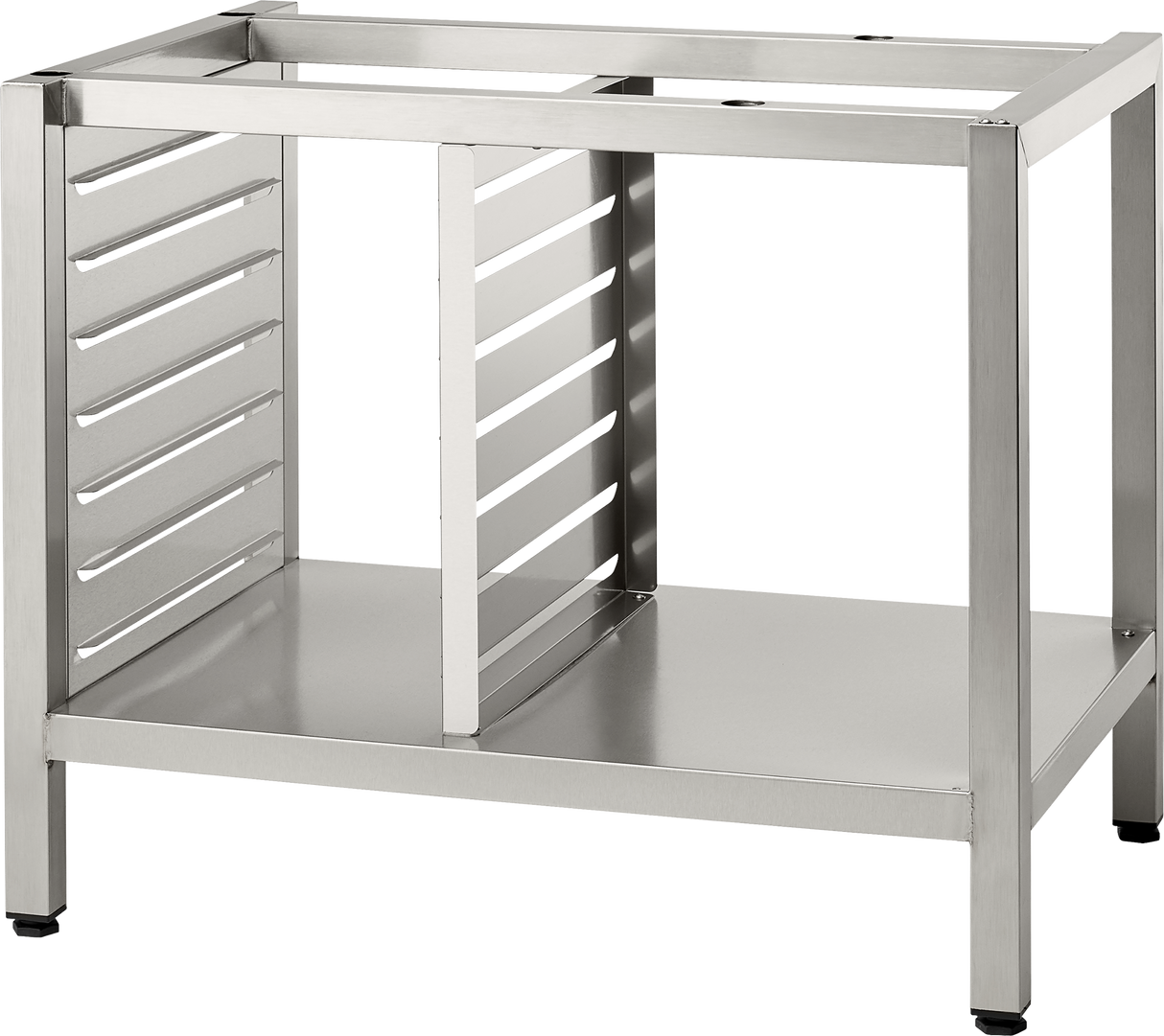 A deluxe stand with four legs, open sides, and a lower shelf, features horizontal slits on the left and center panels. Its modern, industrial design is perfect for supporting pan supports or TCM units in any contemporary kitchen.