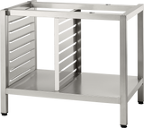 A deluxe stand with four legs, open sides, and a lower shelf, features horizontal slits on the left and center panels. Its modern, industrial design is perfect for supporting pan supports or TCM units in any contemporary kitchen.