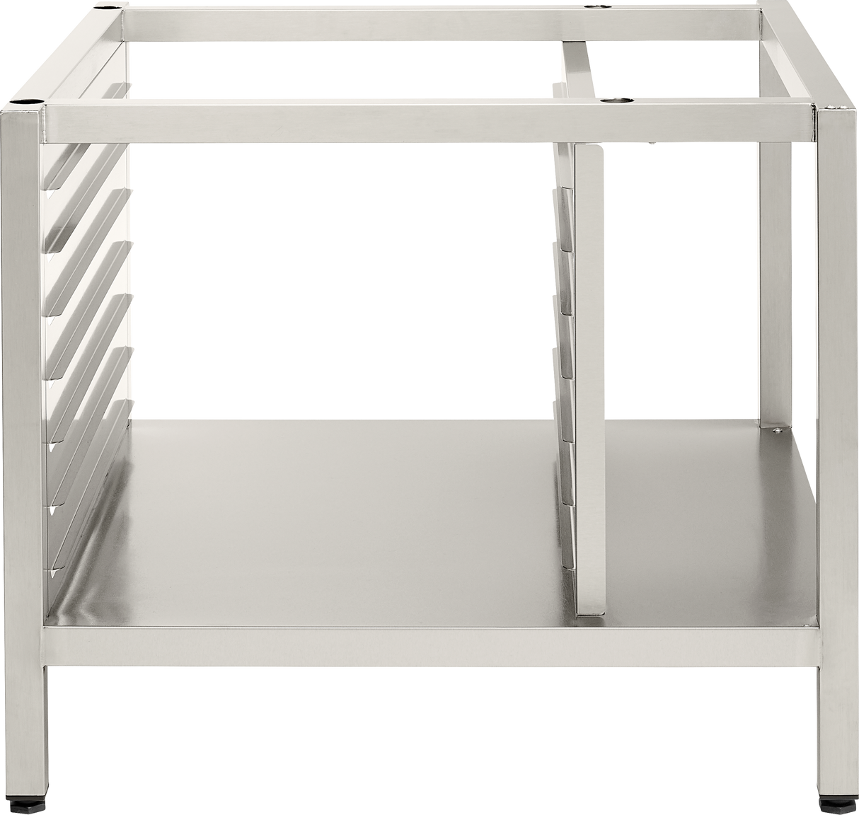 A stainless steel, open-frame Deluxe Stand with four legs, side rails on the left, and a solid lower shelf. Designed for 102 TCM units or pan supports, it features a sturdy, minimalist industrial look and a clean metallic finish.