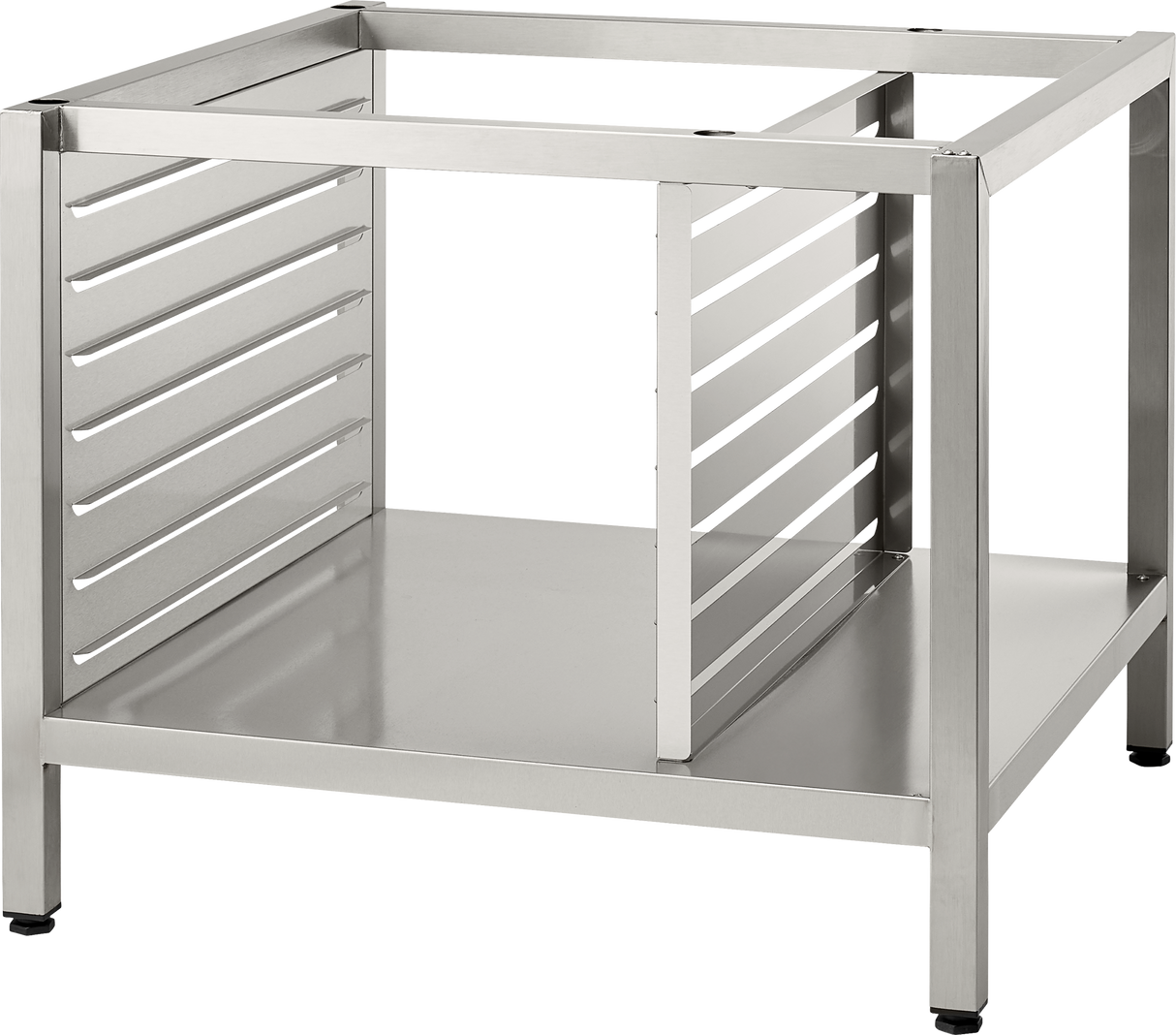 A stainless steel Deluxe Stand with four legs, horizontal support bars, and side panels featuring parallel slats. The flat solid base offers pan supports, creating a sturdy and industrial design ideal for holding 102 TCM units or appliances.