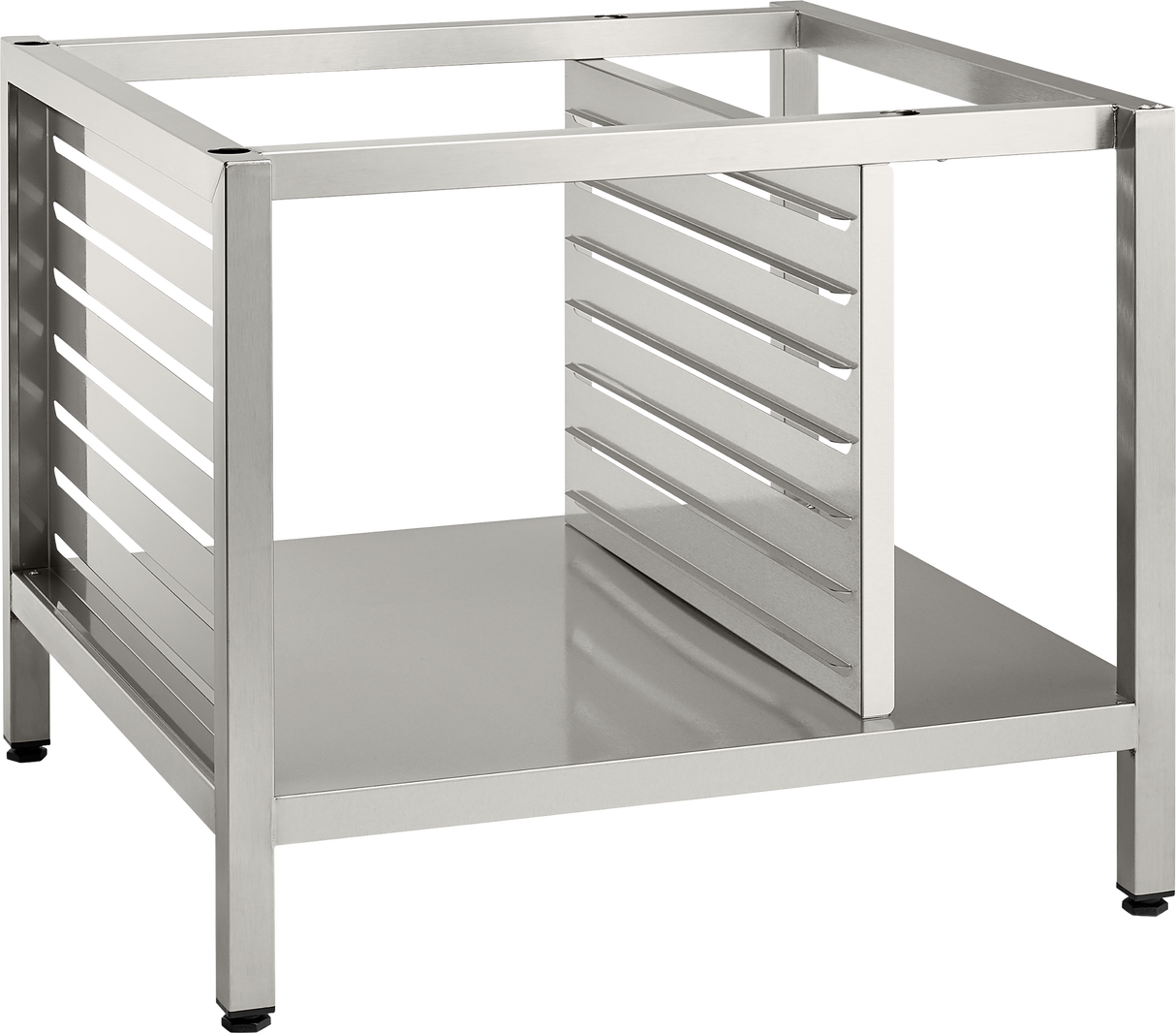 A stainless steel Deluxe Stand with a solid bottom shelf, four legs, and perforated side panels featuring horizontal slots. The open-frame top accommodates pan supports, giving it a sleek, industrial look ideal for kitchen or commercial use.