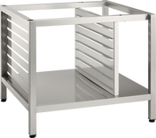 A stainless steel Deluxe Stand with a solid bottom shelf, four legs, and perforated side panels featuring horizontal slots. The open-frame top accommodates pan supports, giving it a sleek, industrial look ideal for kitchen or commercial use.