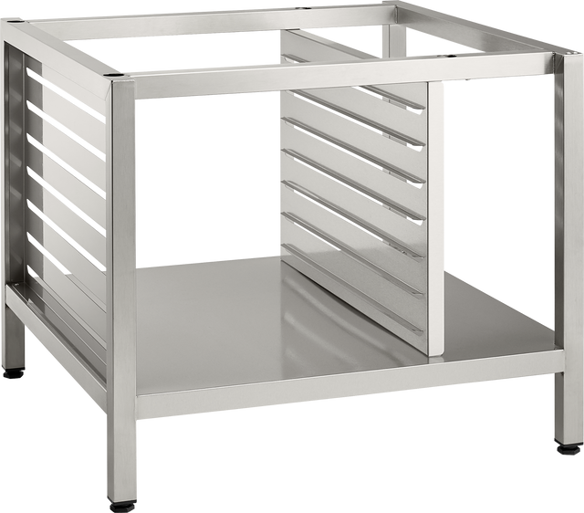 A stainless steel Deluxe Stand with a solid bottom shelf, four legs, and perforated side panels featuring horizontal slots. The open-frame top accommodates pan supports, giving it a sleek, industrial look ideal for kitchen or commercial use.