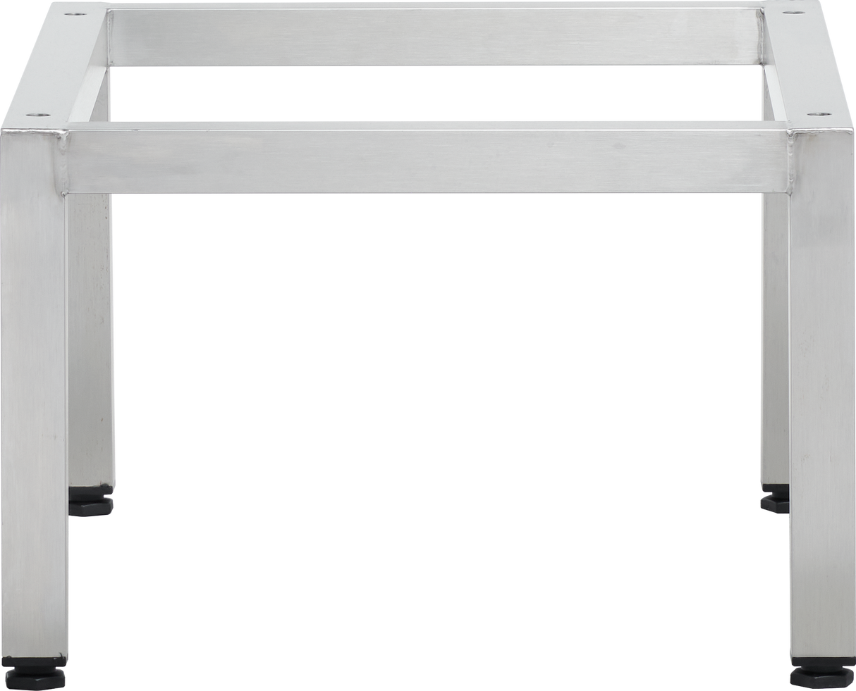 A square metal frame with four straight legs, viewed from the front. This stainless steel stand features a simple, industrial design and black adjustable feet—perfect as a base for V2 Units Duo Stacking Kit. The background is plain white.