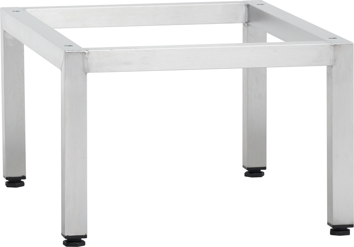 A square metallic table frame, compatible with Duo Stacking Kit and MINI-STACK2, features four straight legs with black adjustable feet. The brushed silver metal design is simple and industrial, standing on a plain light background.