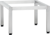 A square metallic table frame, compatible with Duo Stacking Kit and MINI-STACK2, features four straight legs with black adjustable feet. The brushed silver metal design is simple and industrial, standing on a plain light background.