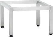 A square metallic table frame, compatible with Duo Stacking Kit and MINI-STACK2, features four straight legs with black adjustable feet. The brushed silver metal design is simple and industrial, standing on a plain light background.