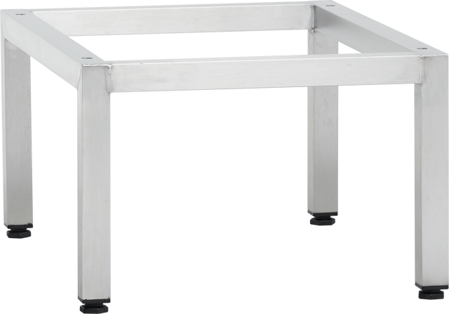 A square metallic table frame, compatible with Duo Stacking Kit and MINI-STACK2, features four straight legs with black adjustable feet. The brushed silver metal design is simple and industrial, standing on a plain light background.