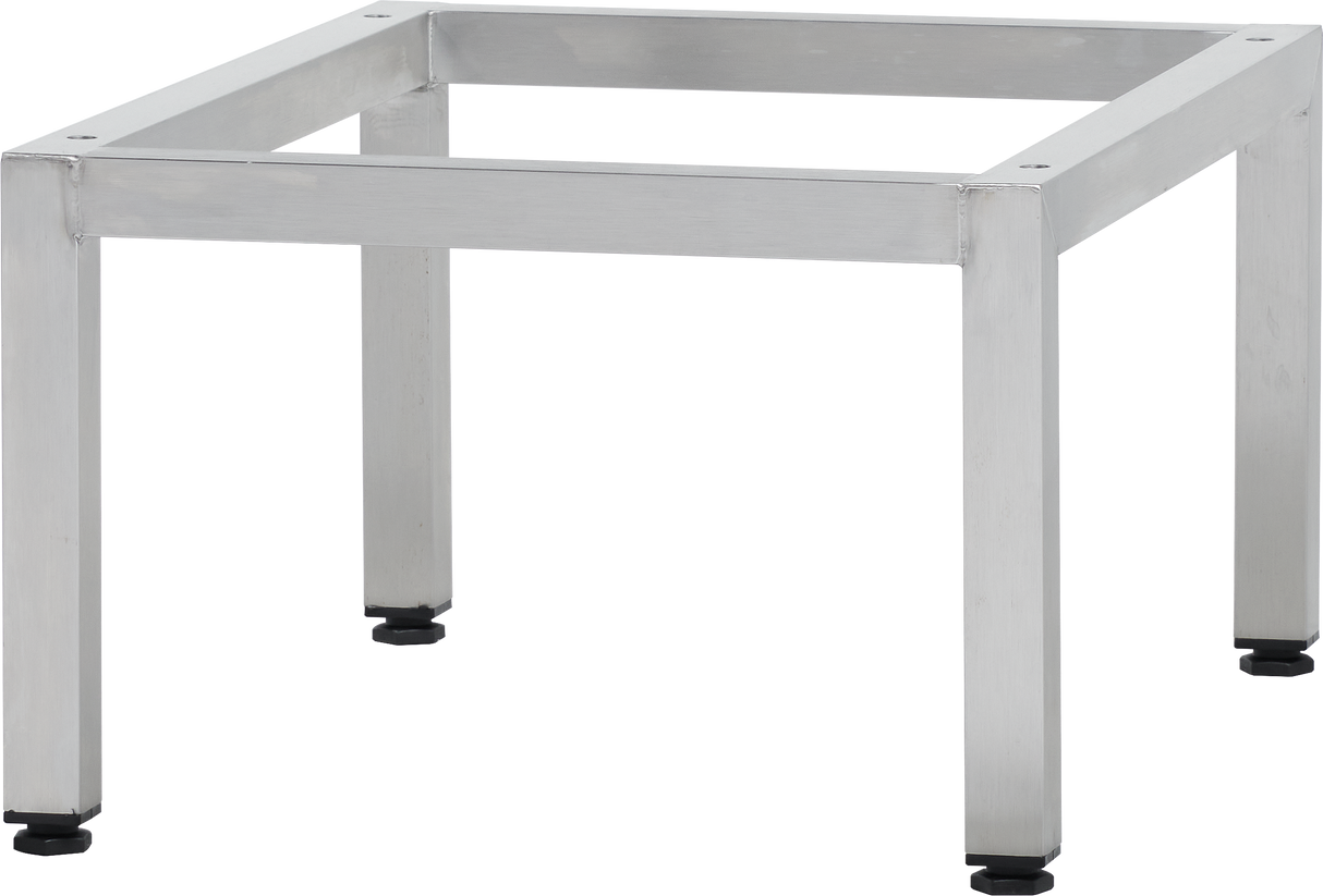 A square, silver metal frame with four straight legs, each ending in a black adjustable foot. This support structure, photographed on a plain background, is likely part of the MINI-STACK2 Duo Stacking Kit for Minijet units.