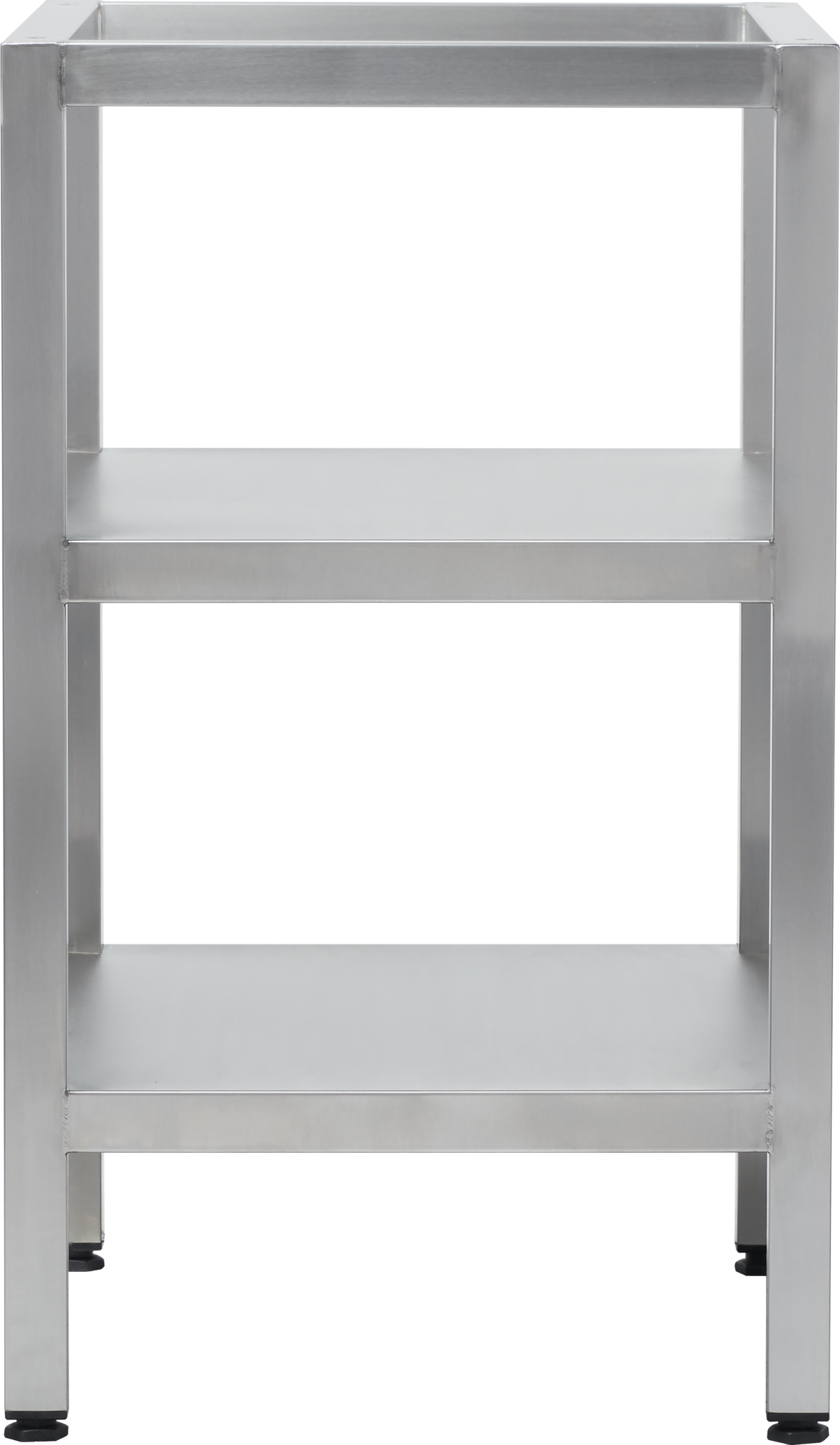 A stainless steel equipment stand with two shelves and an open back and sides. The unit has four square legs with adjustable feet and a minimalist, industrial design. The surfaces and frame have a smooth, reflective metallic finish.