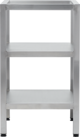 A stainless steel equipment stand with two shelves and an open back and sides. The unit has four square legs with adjustable feet and a minimalist, industrial design. The surfaces and frame have a smooth, reflective metallic finish.