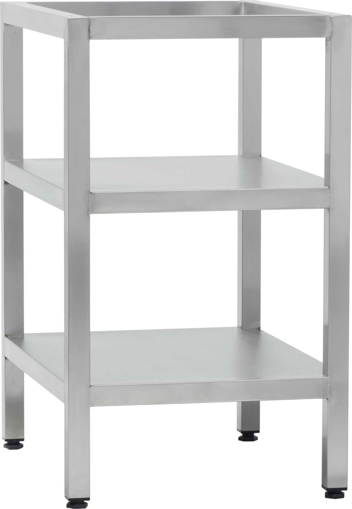 A stainless steel, three-tier equipment stand with square legs and flat shelves. This mini-stand features an industrial look, adjustable black feet, and a smooth metallic finish for sturdy, modern storage.