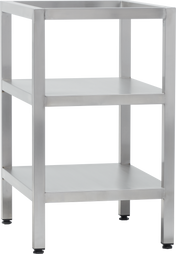 A stainless steel, three-tier equipment stand with square legs and flat shelves. This mini-stand features an industrial look, adjustable black feet, and a smooth metallic finish for sturdy, modern storage.