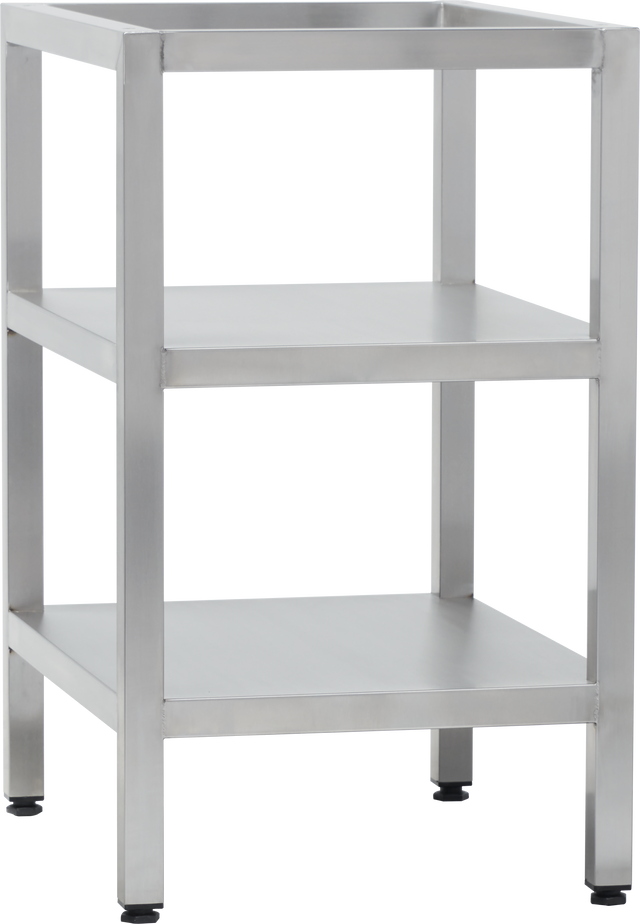 A stainless steel, three-tier equipment stand with square legs and flat shelves. This mini-stand features an industrial look, adjustable black feet, and a smooth metallic finish for sturdy, modern storage.