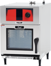 A commercial stainless steel mini-jet combi oven with a red and black Vulcan control panel, knob, and Minijet label. The glass door reveals interior racks and a fan. This ventless oven stands on small legs for easy placement.