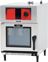 A commercial stainless steel mini-jet combi oven with a red and black control panel, labeled Vulcan and Minijet. The ventless oven has a large glass door with a black handle, showing interior racks and fan, on four short black legs.