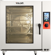A commercial Vulcan TCM-102E-240 Touch Combi Multi electric boilerless oven with a glass door revealing metal wire racks inside. It features a digital touchscreen control panel with colorful icons and a large red dial on the right side, elevated on short metal legs.