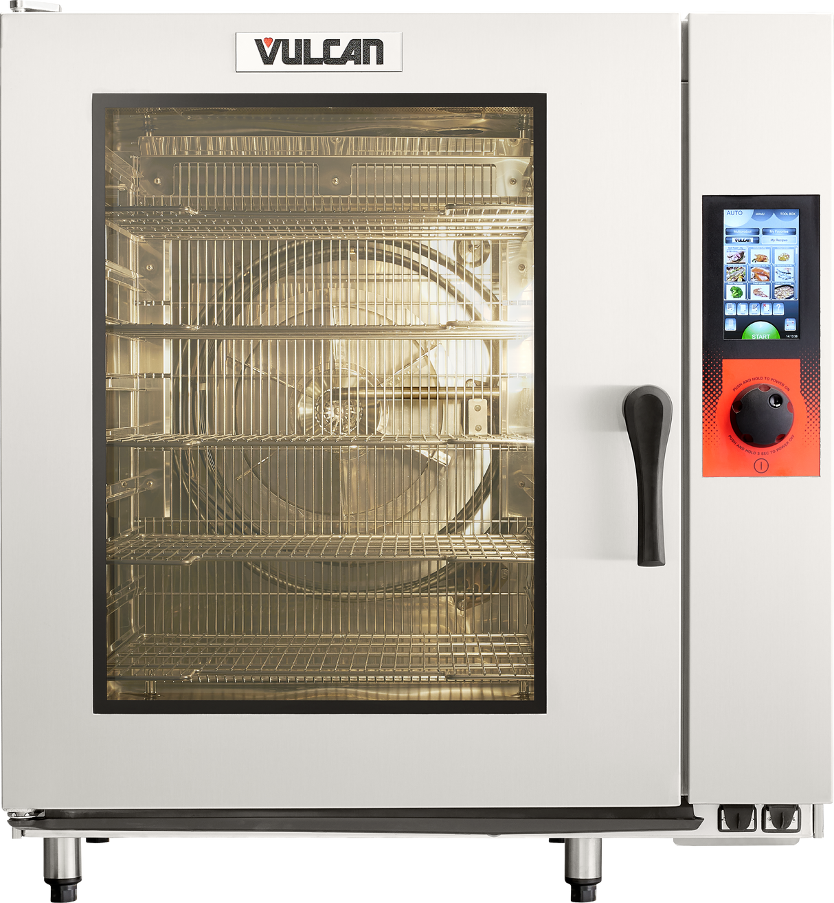 A commercial Vulcan TCM-102E combi oven with a glass door shows metal racks inside. The oven features a digital touchscreen control panel with various icons, a large red dial on the right, and an industrial metallic exterior.