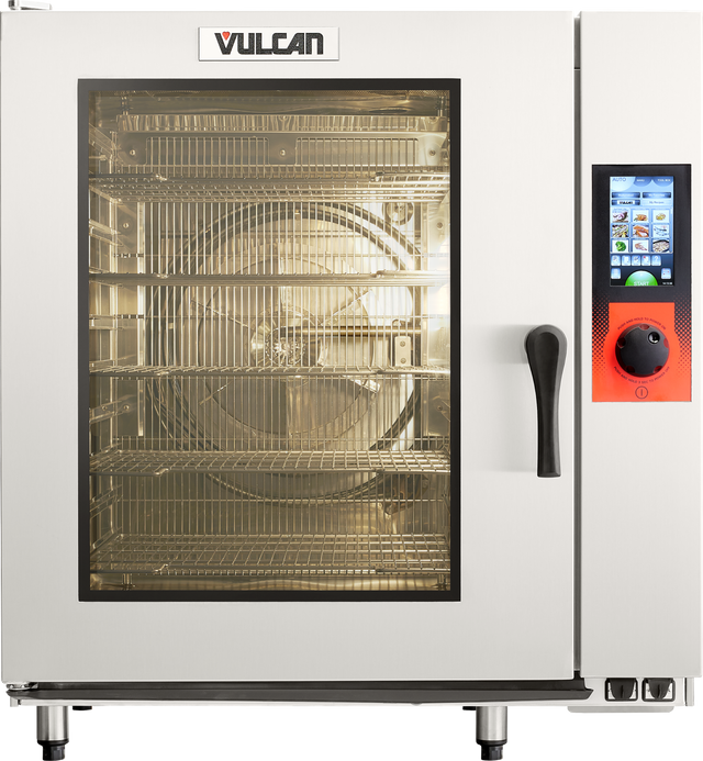 A commercial Vulcan TCM-102E combi oven with a glass door shows metal racks inside. The oven features a digital touchscreen control panel with various icons, a large red dial on the right, and an industrial metallic exterior.