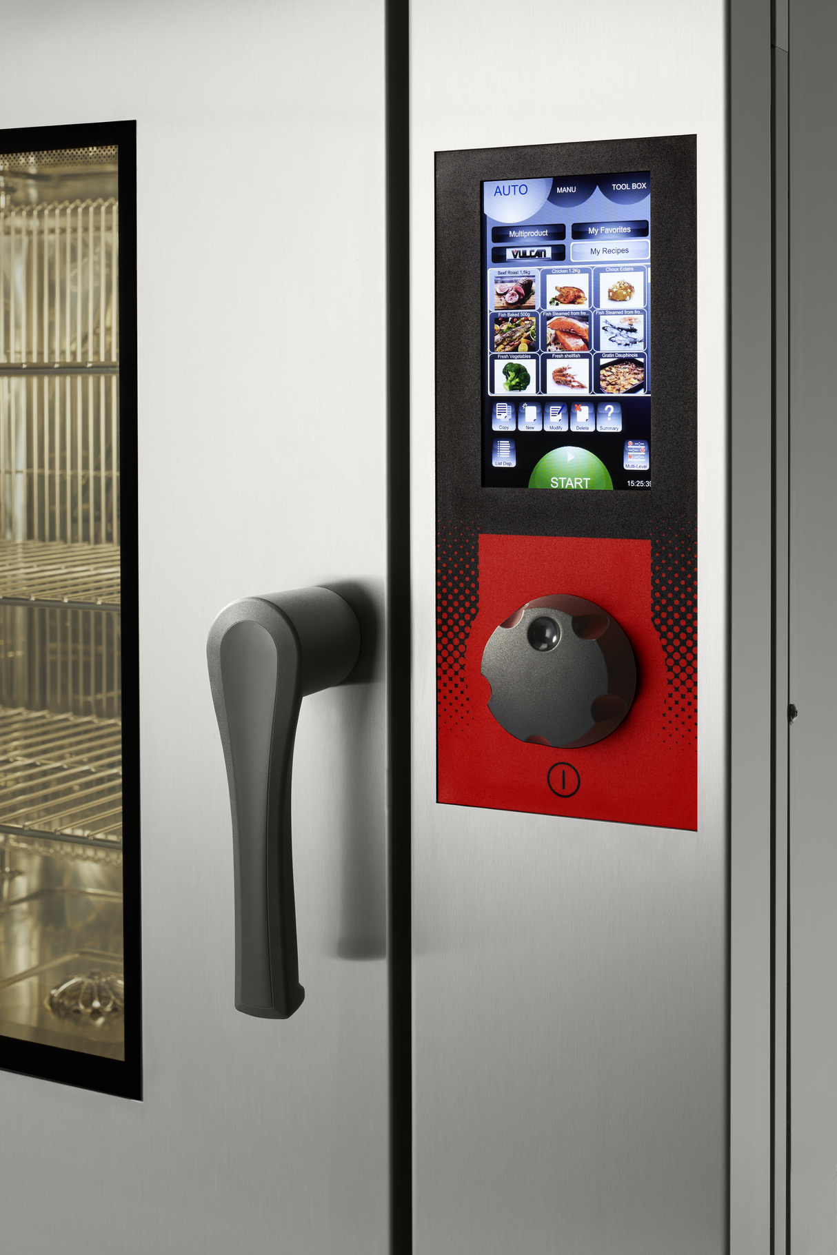 A close-up of a stainless steel combi oven door with a black handle and a digital touchscreen control panel displaying food icons and cooking options. Metal racks are visible inside the oven through a glass window. Features automatic cleaning.