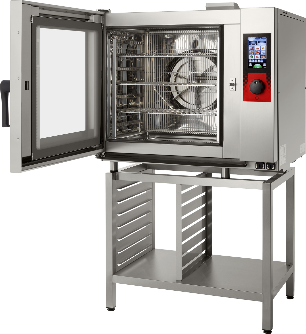 A stainless steel boilerless electric combi oven with its door open, revealing wire racks and a large fan inside. The oven features a digital control panel with a small screen and buttons, plus convenient shelf space below for storage.