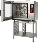 A stainless steel boilerless electric combi oven with its door open, revealing wire racks and a large fan inside. The oven features a digital control panel with a small screen and buttons, plus convenient shelf space below for storage.