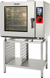 A Vulcan boilerless electric oven with a glass door, digital touchscreen controls, and black handle sits on a stainless steel stand with slatted shelves. Interior racks and bright reflections are visible, enhancing this efficient commercial combi oven.