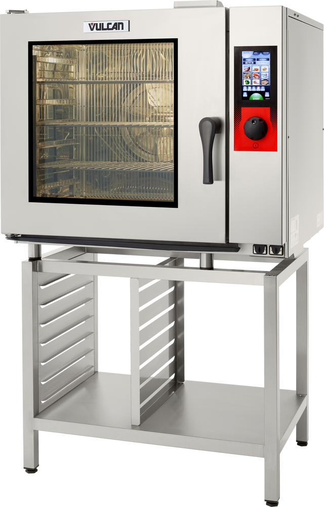 A Vulcan boilerless electric oven with a glass door, digital touchscreen controls, and black handle sits on a stainless steel stand with slatted shelves. Interior racks and bright reflections are visible, enhancing this efficient commercial combi oven.