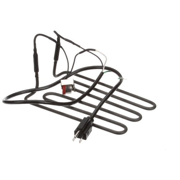 A black Electric Condensate Evaporator heating element with a flat, wavy metal coil, an attached power cord, and connected wires. A small automatic switch or sensor is fixed to the coil. The background is plain white.