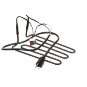 A black Electric Condensate Evaporator heating element with a flat, wavy metal coil, an attached power cord, and connected wires. A small automatic switch or sensor is fixed to the coil. The background is plain white.