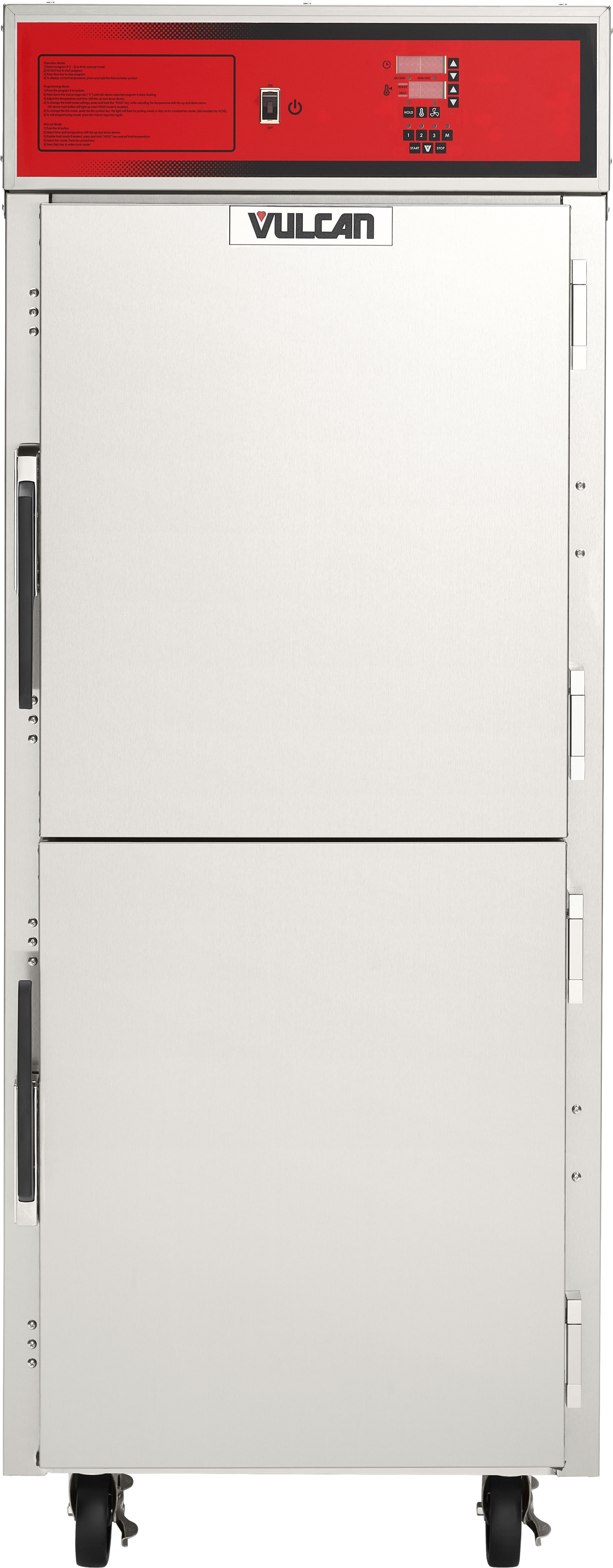 Front view of a large Vulcan VCH16 cook/hold cabinet on wheels, featuring a stainless steel design, red control panel at the top, vertical door handles, and two separate compartments.