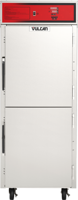 Front view of a large Vulcan VCH16 cook/hold cabinet on wheels, featuring a stainless steel design, red control panel at the top, vertical door handles, and two separate compartments.