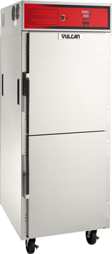 A commercial stainless steel Vulcan VCH16 mobile holding oven with two doors, a red control panel on top featuring buttons and a digital display, ventilation on the upper left, and four caster wheels for easy mobility.