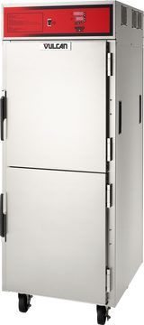 The Vulcan VCH16 cook/hold cabinet is a stainless steel commercial food warmer with two doors, black handles, and a red digital control panel. This mobile holding oven sits on four caster wheels and features side vent slots, with the Vulcan brand displayed on the front.