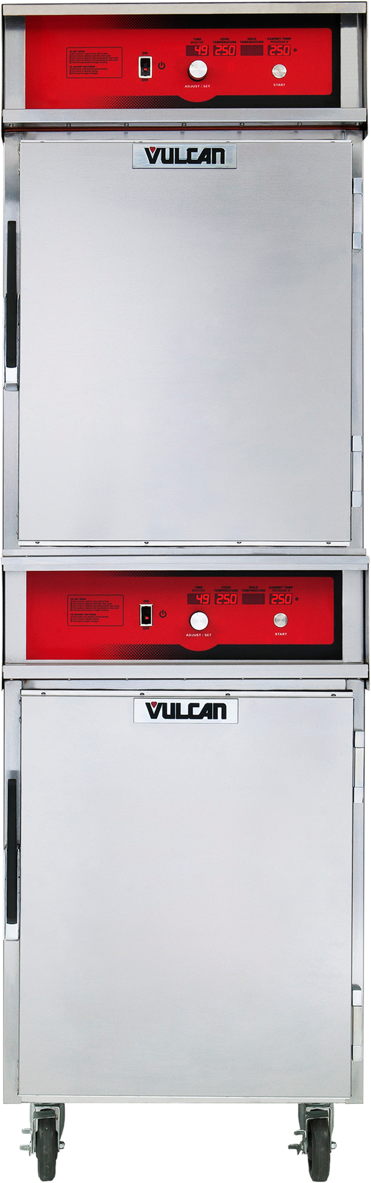 Two stacked stainless steel Cook/Hold Cabinets with red control panels, each displaying the Vulcan brand logo. This double-deck unit features handles, indicator lights, control knobs, and is mounted on wheels for mobility.