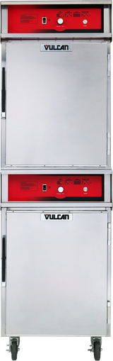 Two stacked stainless steel Cook/Hold Cabinets with red control panels, each displaying the Vulcan brand logo. This double-deck unit features handles, indicator lights, control knobs, and is mounted on wheels for mobility.