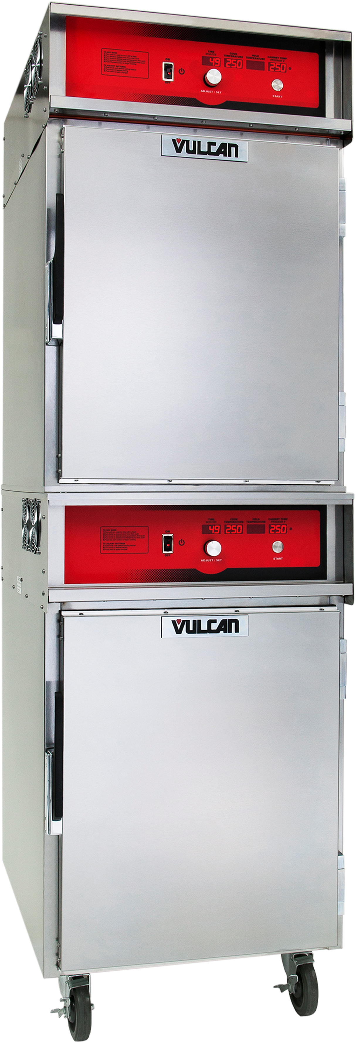 A commercial stainless steel Vulcan double-deck Cook/Hold Cabinet featuring two stacked compartments, red control panels, temperature dials, indicator lights, vent holes on the sides, and four caster wheels for easy mobility.