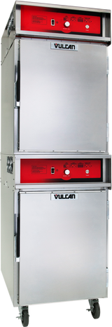 A commercial stainless steel Vulcan double-deck Cook/Hold Cabinet featuring two stacked compartments, red control panels, temperature dials, indicator lights, vent holes on the sides, and four caster wheels for easy mobility.