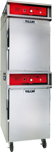 A commercial stainless steel Vulcan double-deck Cook/Hold Cabinet featuring two stacked compartments, red control panels, temperature dials, indicator lights, vent holes on the sides, and four caster wheels for easy mobility.