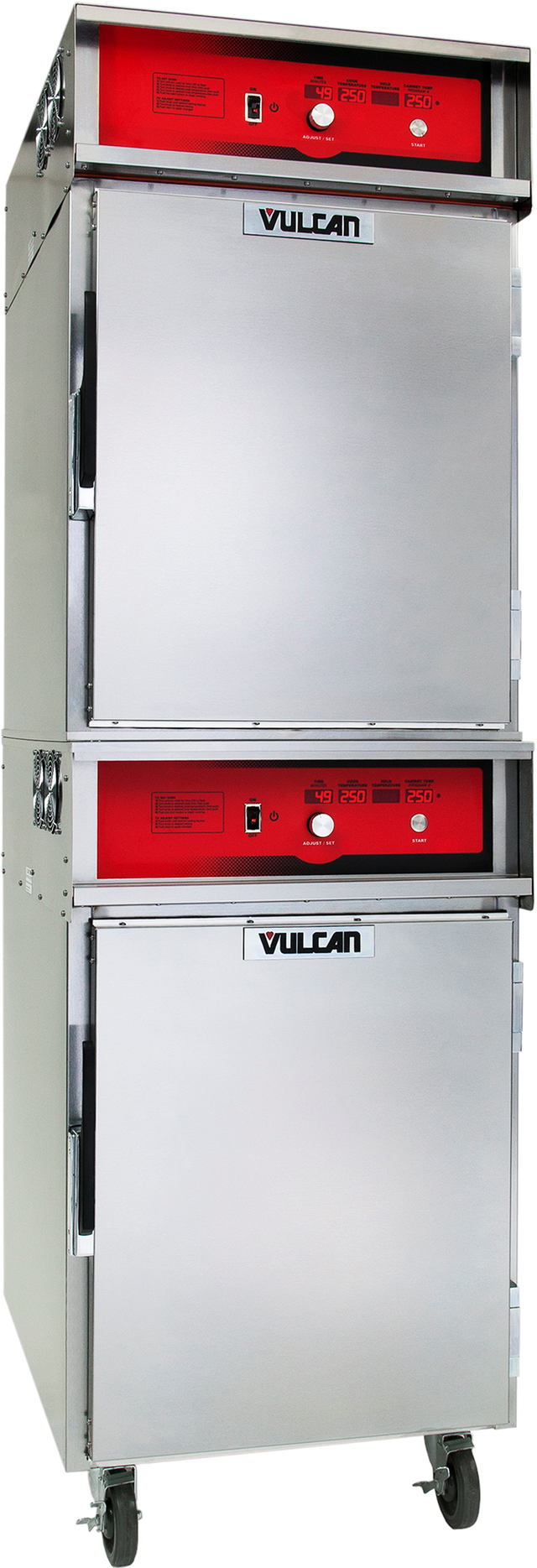 A commercial stainless steel Vulcan double-deck Cook/Hold Cabinet featuring two stacked compartments, red control panels, temperature dials, indicator lights, vent holes on the sides, and four caster wheels for easy mobility.