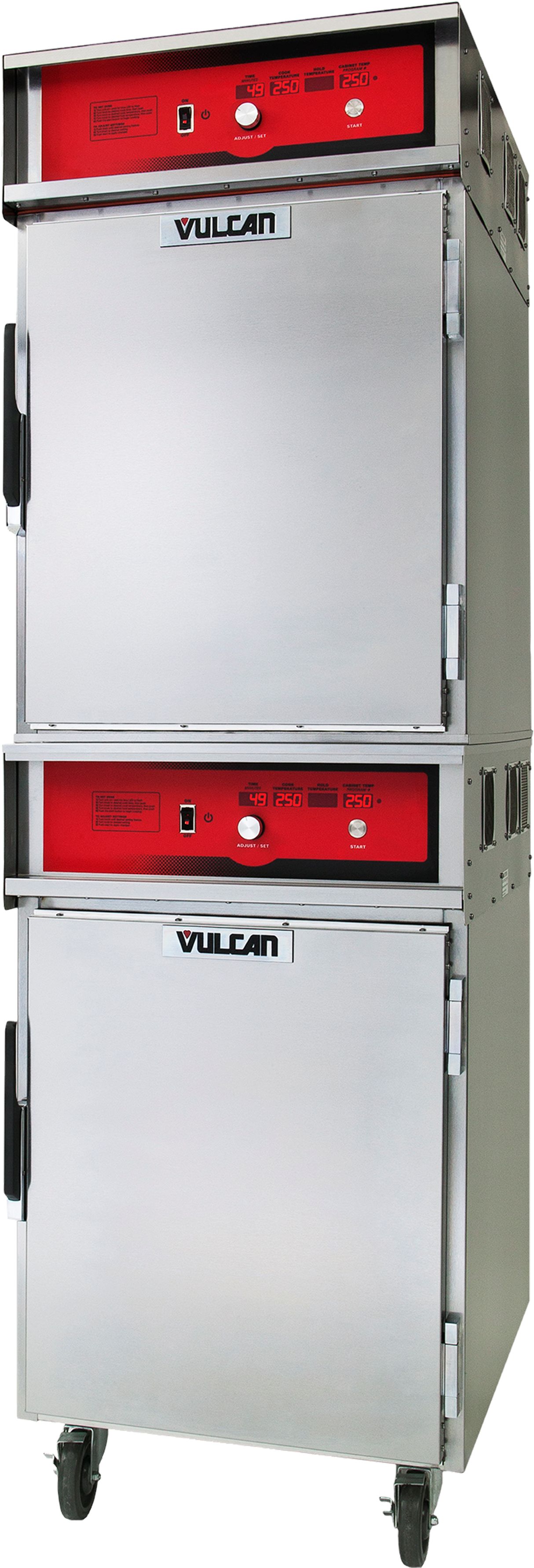 A commercial stainless steel Vulcan double-deck Cook/Hold Cabinet with two stacked compartments, red control panels, black handles, and caster wheels for mobility—ideal for keeping food warm in professional kitchens.