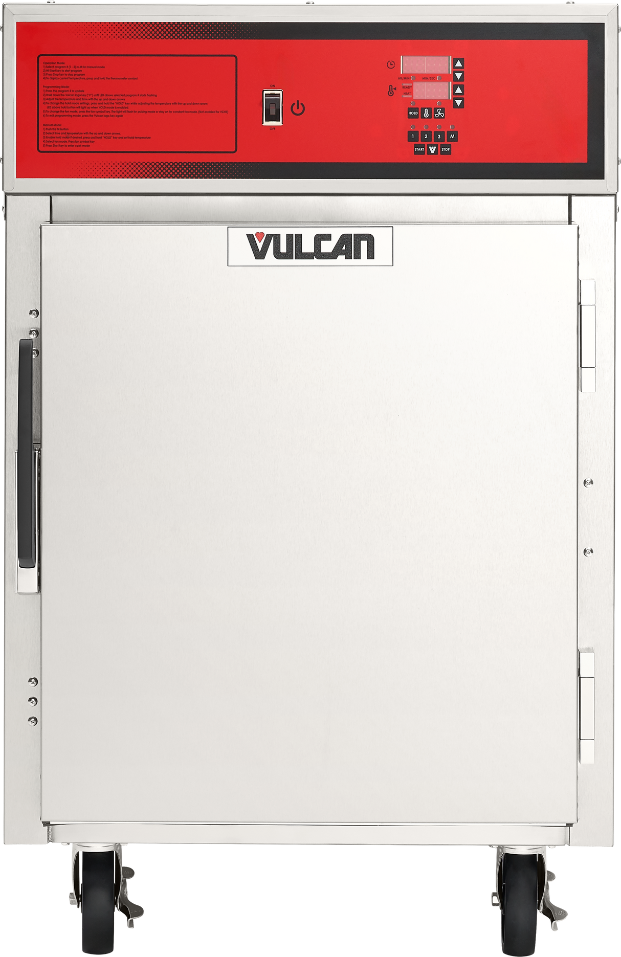 Front view of a Vulcan stainless steel Cook/Hold Cabinet with a large handle on the left, red control panel at the top with digital display and buttons, and caster wheels at the bottom for easy mobility.
