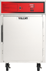 Front view of a Vulcan stainless steel Cook/Hold Cabinet with a large handle on the left, red control panel at the top with digital display and buttons, and caster wheels at the bottom for easy mobility.