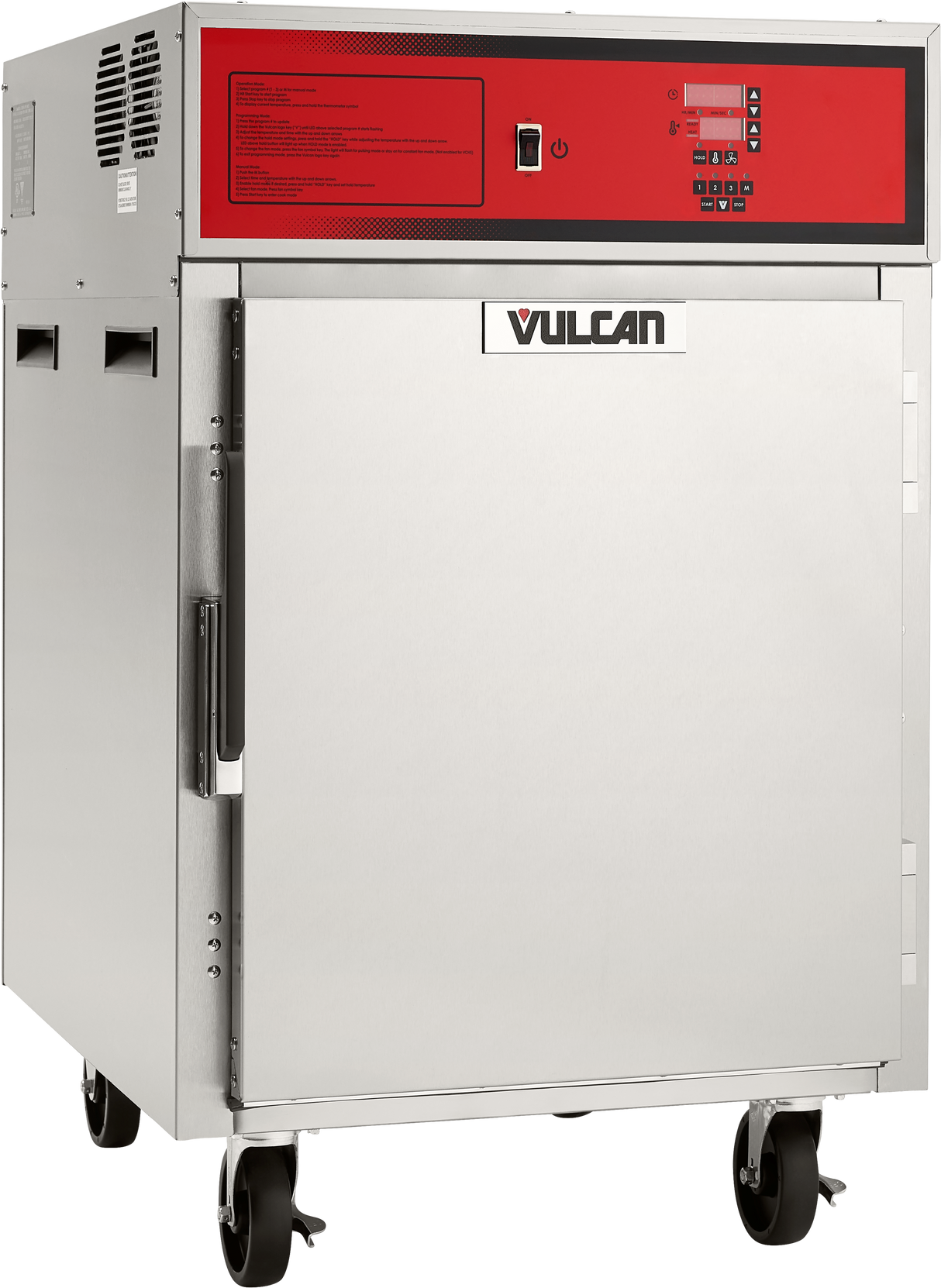 A commercial-grade Vulcan Cook/Hold Cabinet, crafted from stainless steel with a red control panel, digital display, and buttons. This mobile unit features a large front door with handle, air vents, and sits on four caster wheels for easy movement.