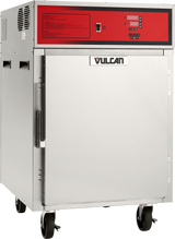 A commercial-grade Vulcan Cook/Hold Cabinet, crafted from stainless steel with a red control panel, digital display, and buttons. This mobile unit features a large front door with handle, air vents, and sits on four caster wheels for easy movement.