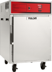 A commercial-grade Vulcan Cook/Hold Cabinet, crafted from stainless steel with a red control panel, digital display, and buttons. This mobile unit features a large front door with handle, air vents, and sits on four caster wheels for easy movement.