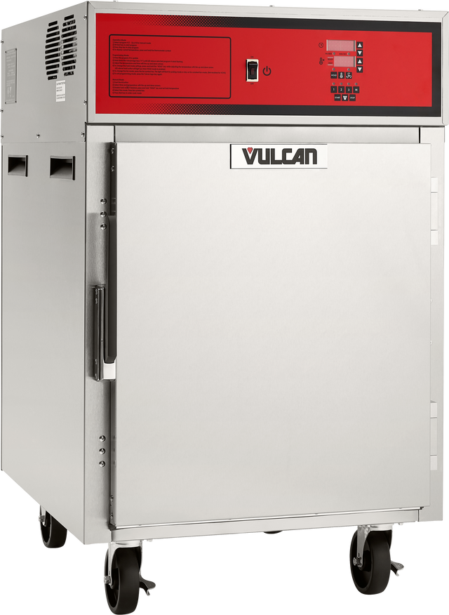 A commercial-grade Vulcan Cook/Hold Cabinet, crafted from stainless steel with a red control panel, digital display, and buttons. This mobile unit features a large front door with handle, air vents, and sits on four caster wheels for easy movement.